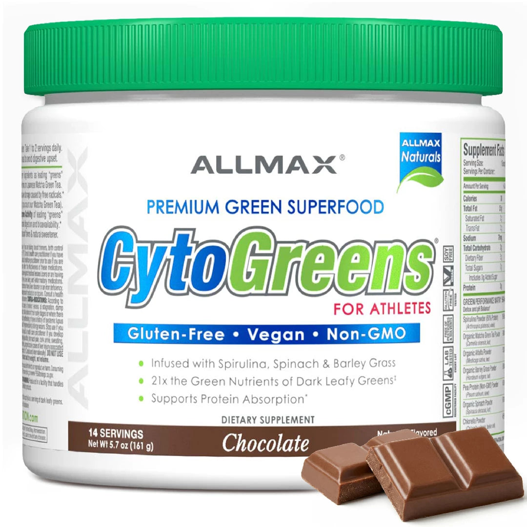 Allmax CytoGreens supplement container with chocolate flavor on a white background