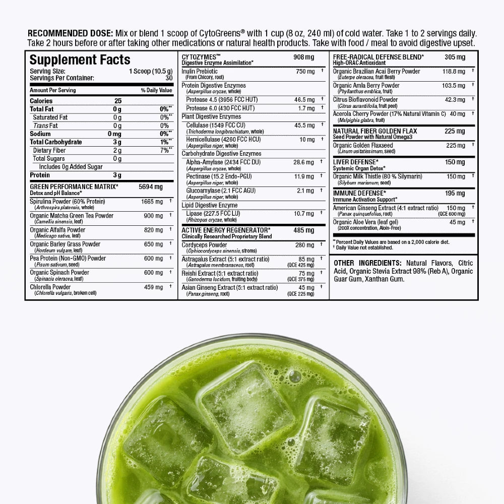 Nutritional label for a green supplement with a glass of green drink on a white background