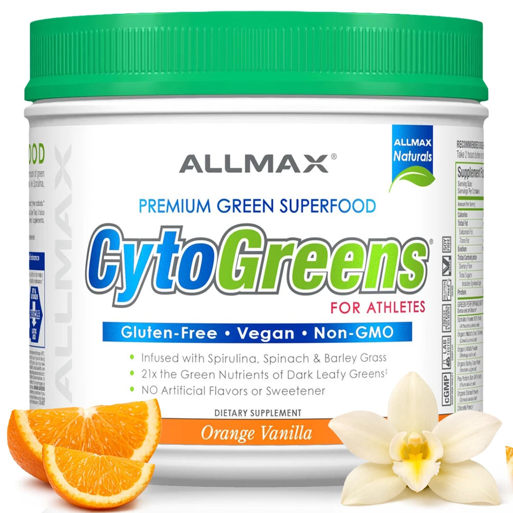Allmax CytoGreens supplement container with green lid, orange slices, and vanilla flower on a white background