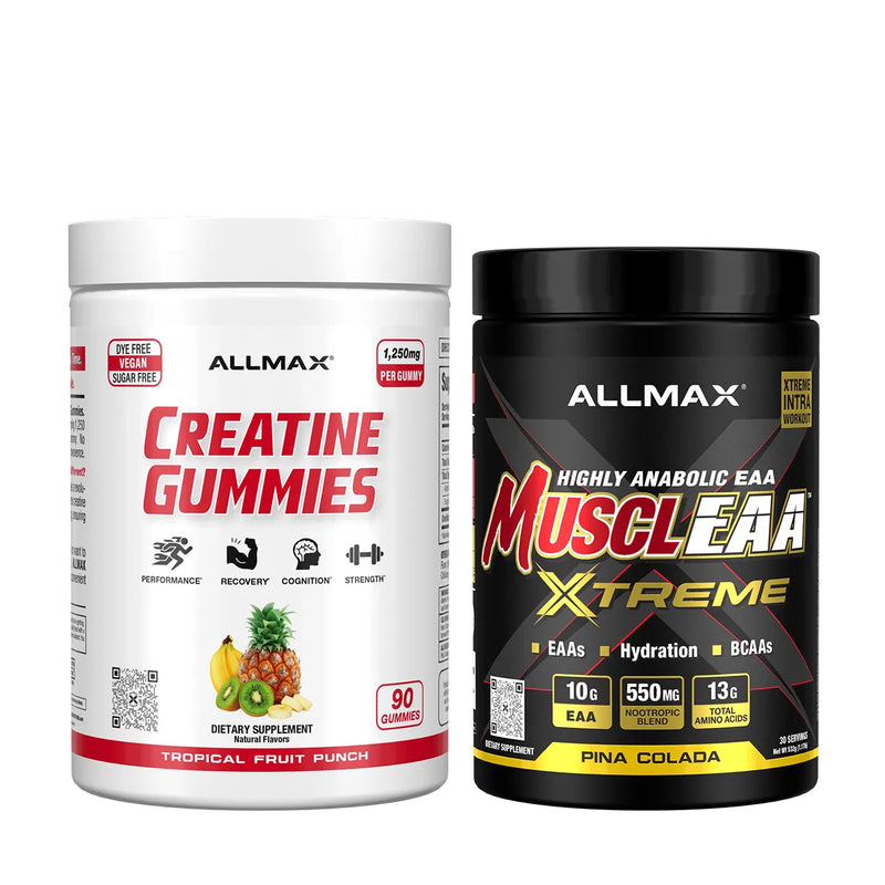 Two Allmax branded supplement containers on a plain white background: a white tub of Creatine Gummies and a black tub of Muscle EAA Xtreme.