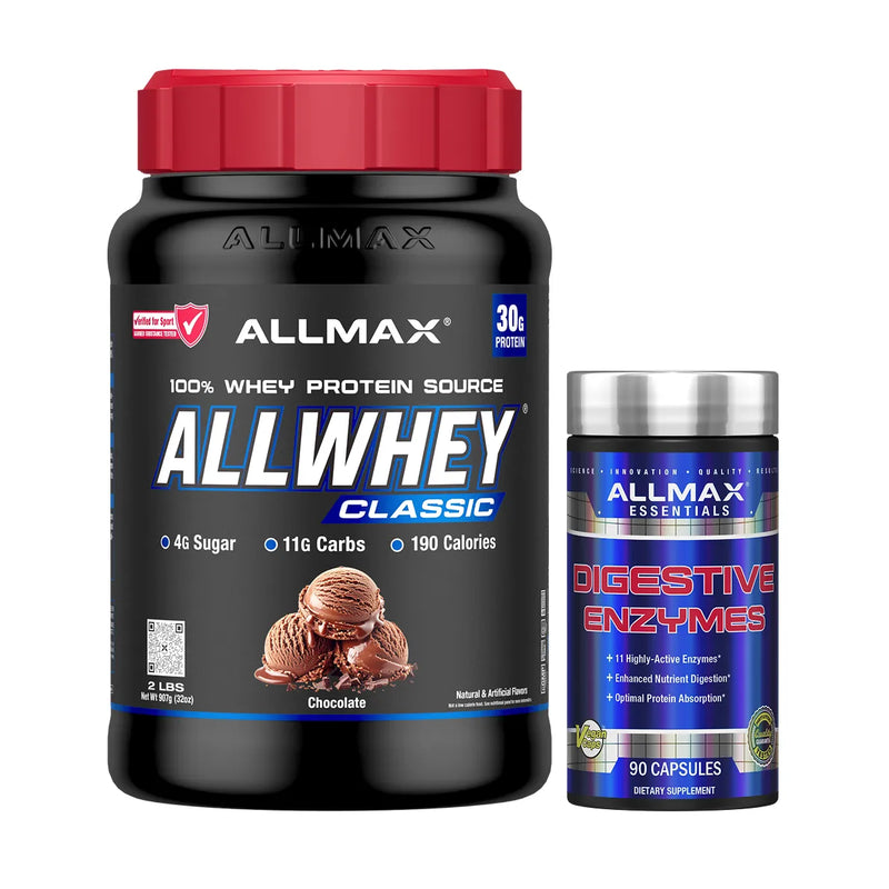 A large black tub of Allmax Allwhey Classic chocolate protein powder with a red cap, shown next to a smaller blue and silver bottle of Allmax Essentials Digestive Enzymes on a white background.