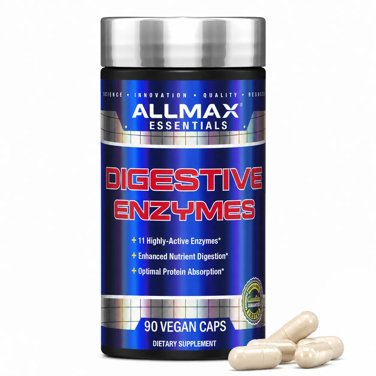 A bottle of Allmax Essentials Digestive Enzymes dietary supplement with three beige capsules placed in front on a white background.
