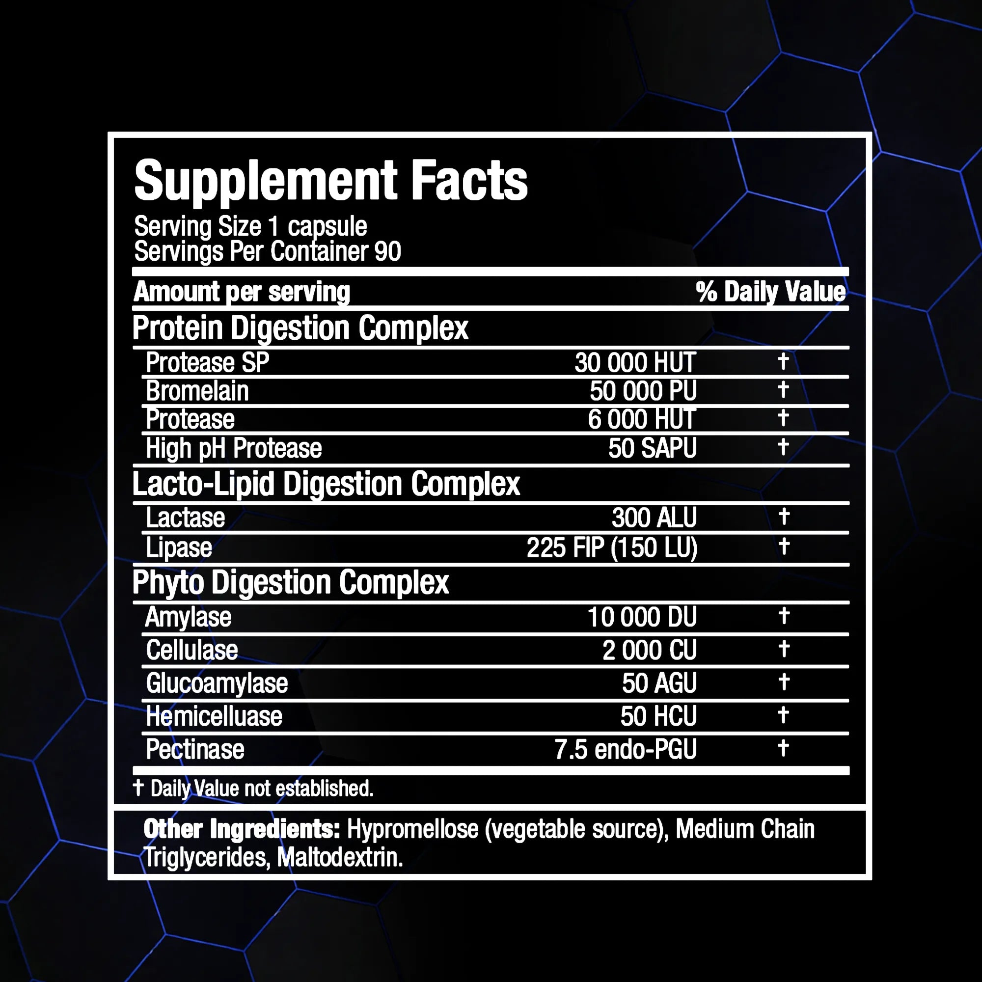 A black supplement facts label with white text detailing protein and phyto digestion complexes, set against a dark background with subtle blue geometric patterns.