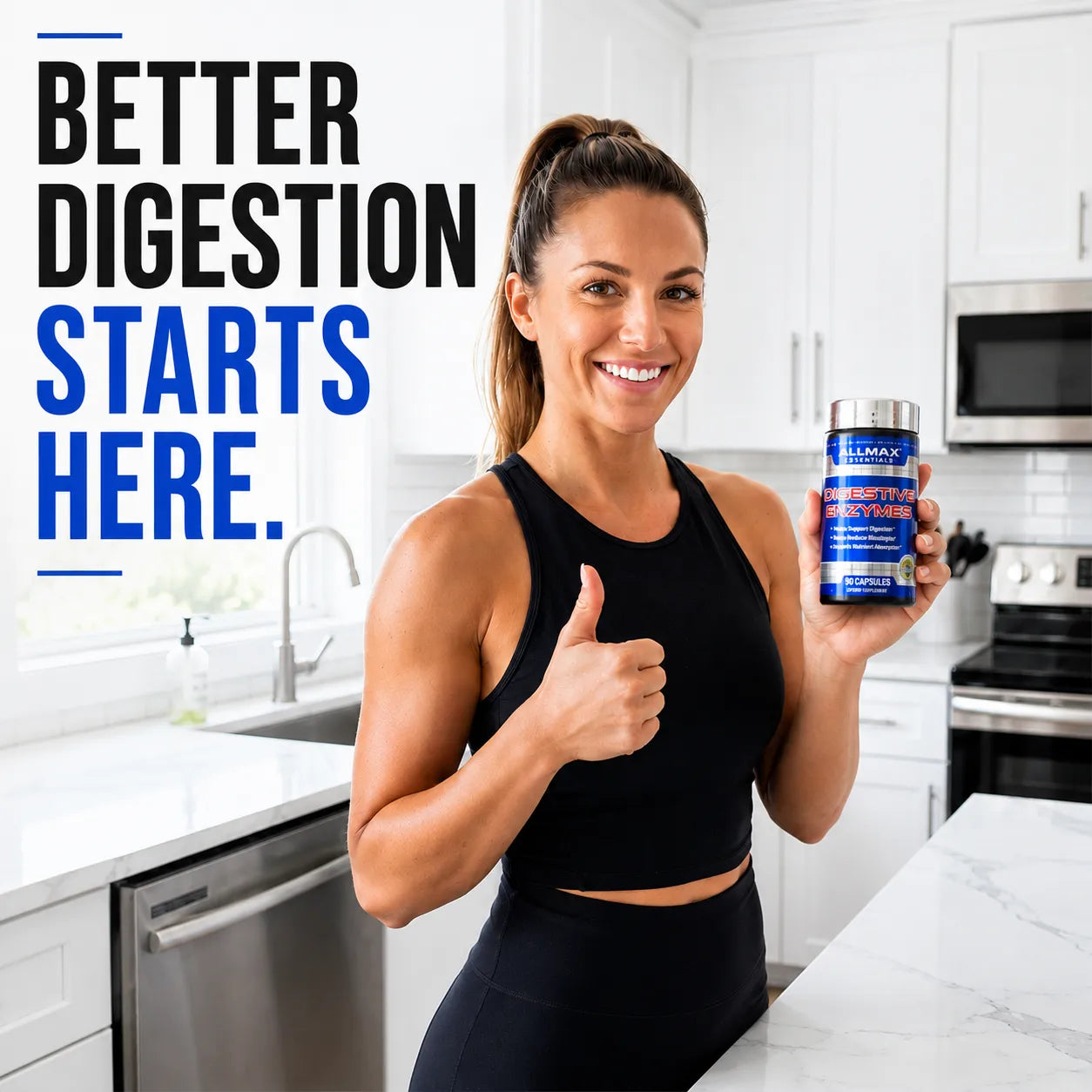 A smiling woman in a black sports bra and leggings stands in a bright kitchen, holding a blue bottle of DigestMax dietary supplements. Large text on the left reads 'BETTER DIGESTION STARTS HERE.
