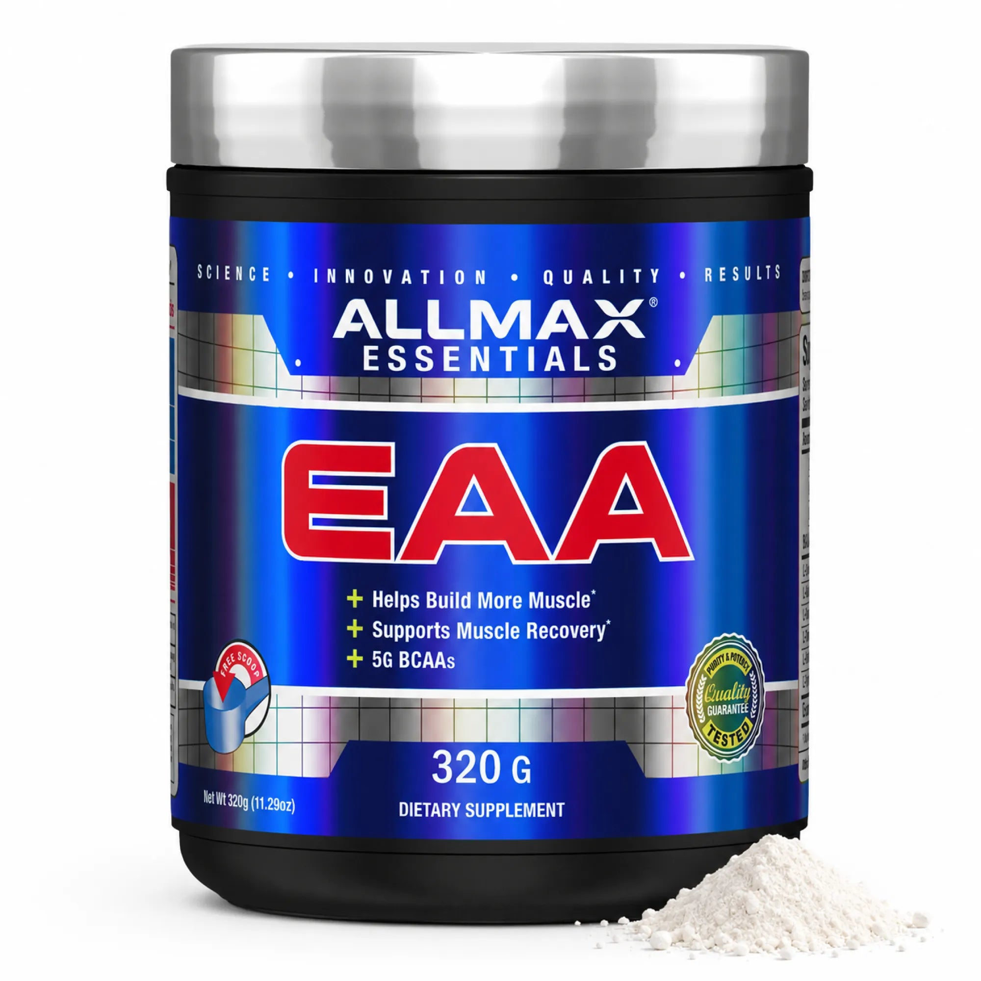 A black plastic tub of Allmax Essentials EAA dietary supplement with a metallic blue and silver label, shown on a white background with a small pile of white powder in front.