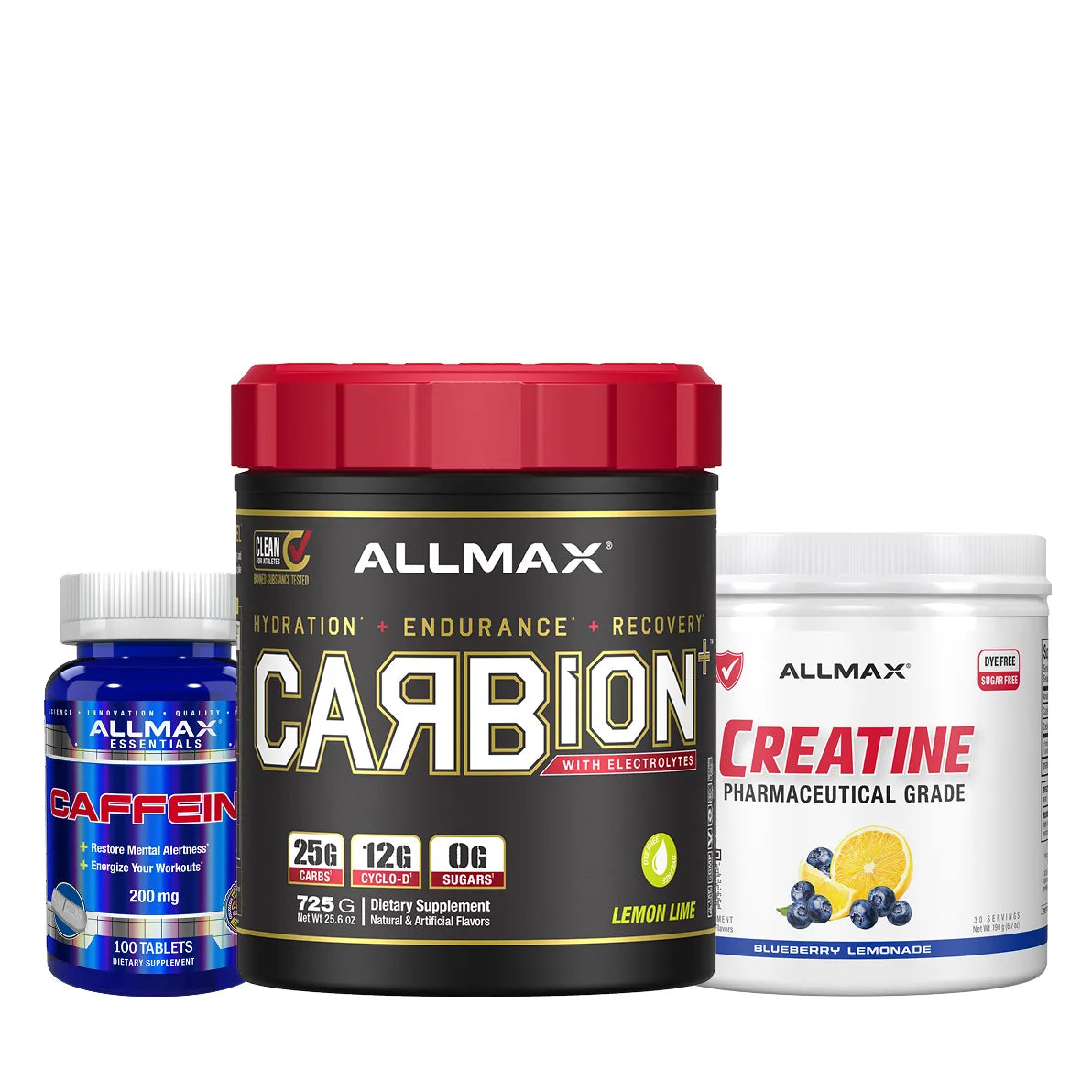 Three Allmax branded supplement products displayed side by side on a white background: a blue bottle of Caffeine, a large black tub of Carbion with a red lid, and a white jar of Creatine with a blue and red label.