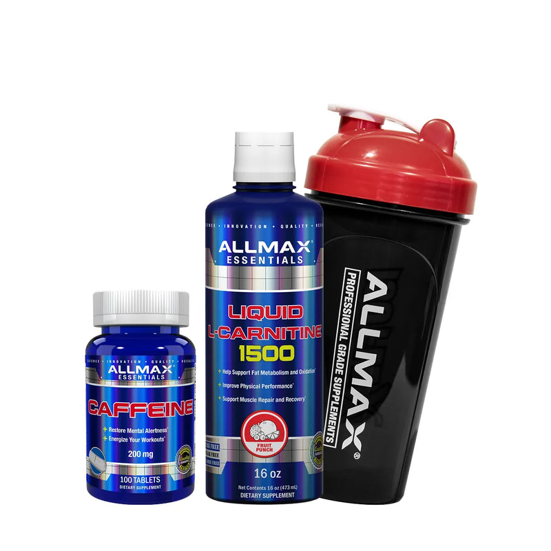 Three Allmax Essentials dietary supplement products on a white background: a small blue bottle of Caffeine 200 mg, a medium blue bottle of Liquid L-Carnitine 1500, and a black shaker bottle with a red lid.