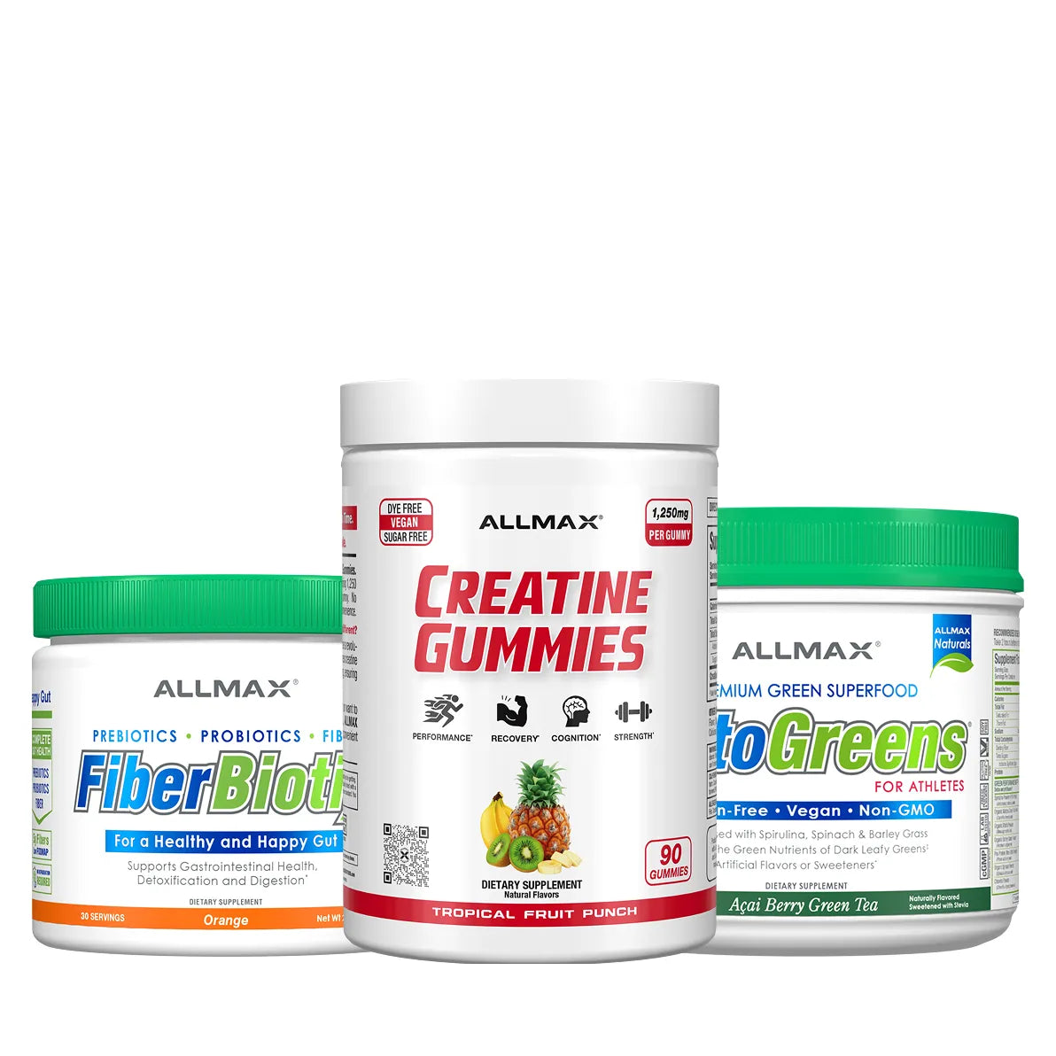 Three white supplement containers from ALLMAX on a plain white background: a small FiberBiotic jar with a green lid on the left, a larger Creatine Gummies jar in the center, and a green-accented ToGreens jar on the right.