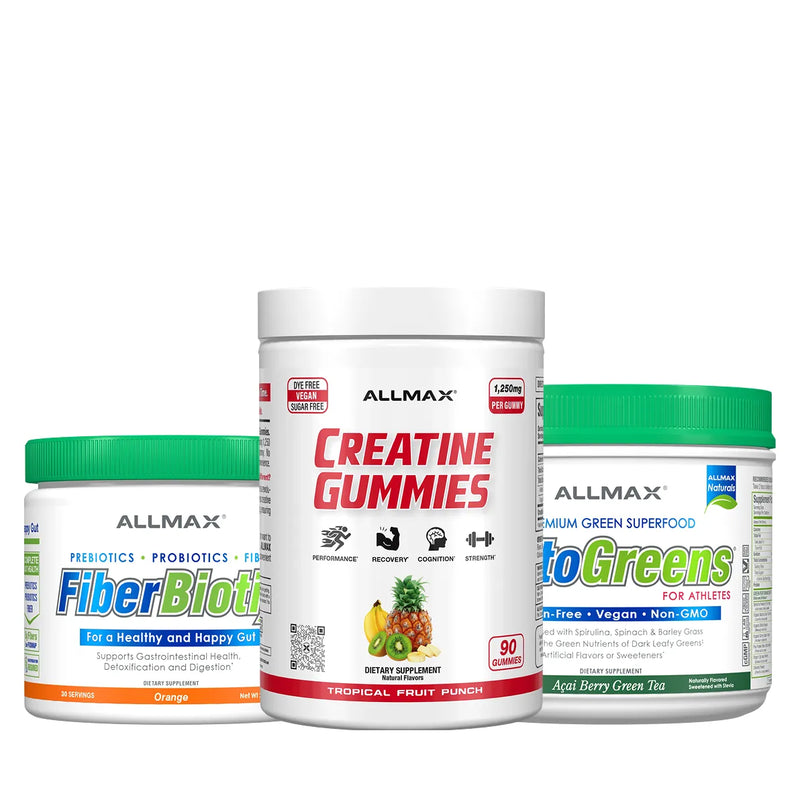 Three white supplement containers from ALLMAX on a plain white background: a small FiberBiotic jar with a green lid on the left, a larger Creatine Gummies jar in the center, and a green-accented ToGreens jar on the right.