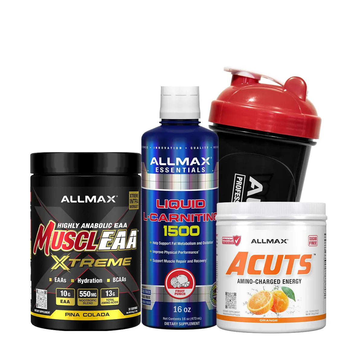 a range of allmax products including muscleaa, acuts, liquid l carnitine and shaker bottle