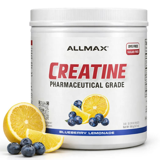 Allmax Creatine supplement container with blueberries and lemon slices on a white background