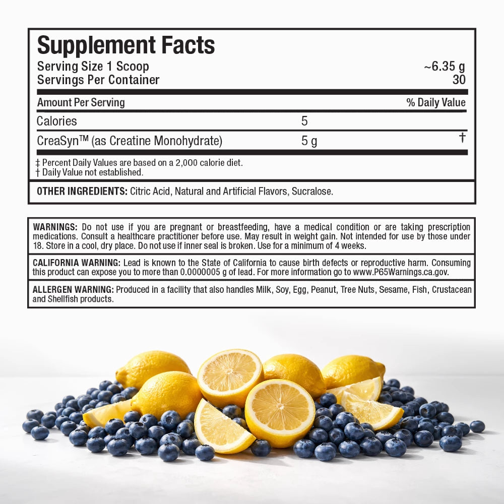 Supplement facts label with lemons and blueberries on a white background