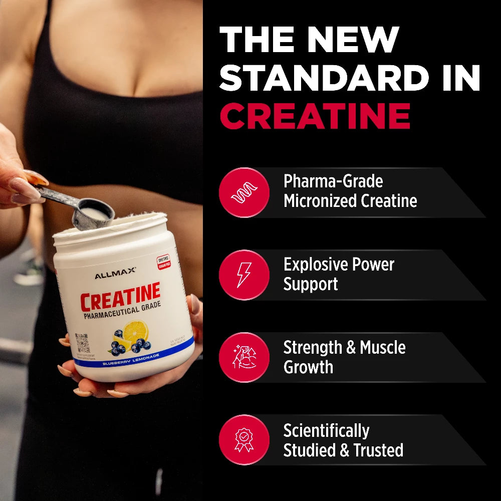 Allmax Creatine supplement with a person holding it, labeled as 'The New Standard in Creatine'.
