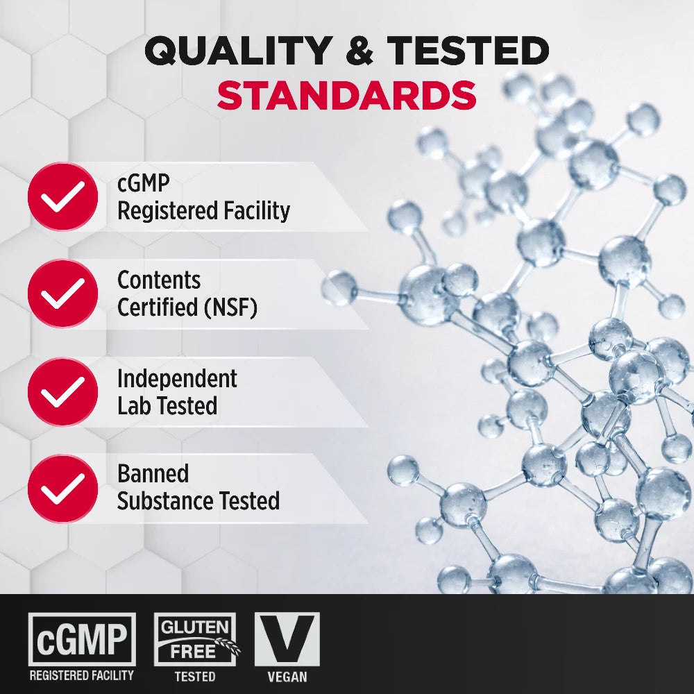 Quality and tested standards with molecular structure illustration on a geometric background