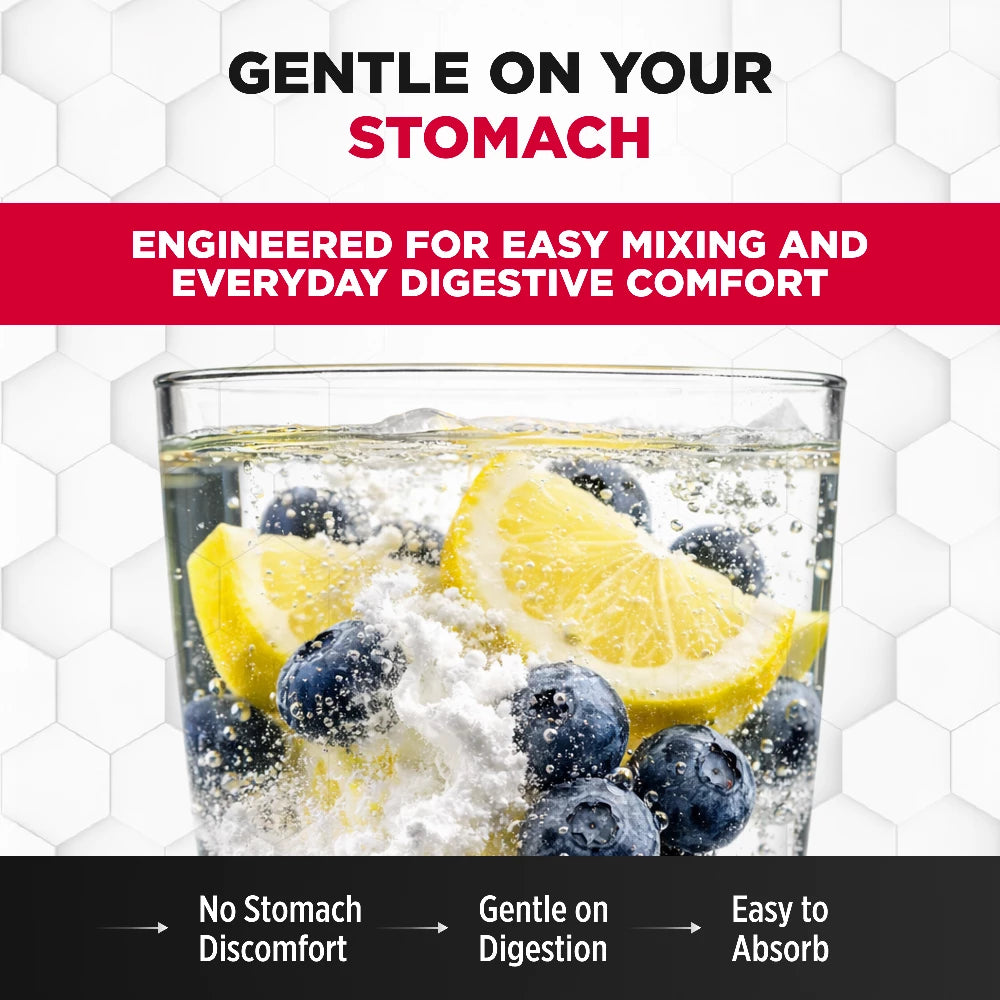 Glass of lemon and blueberry water with text about digestive comfort and ease of use.