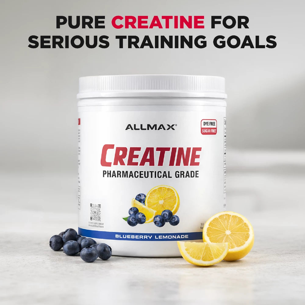 Allmax Creatine supplement container with blueberries and lemon slices on a light background