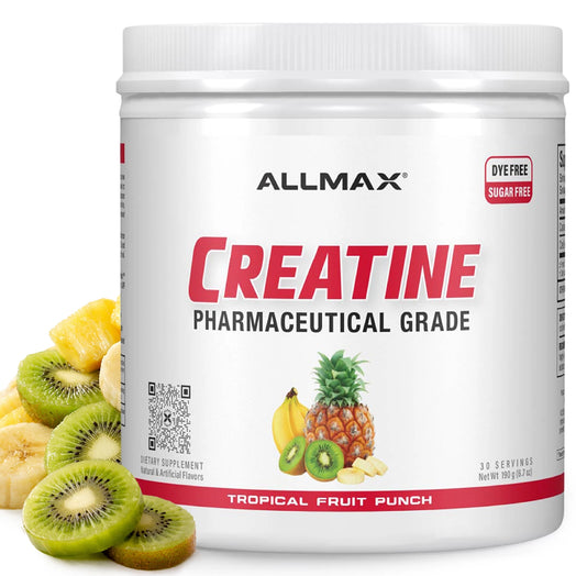 Allmax Creatine supplement container with tropical fruit punch flavor on a white background