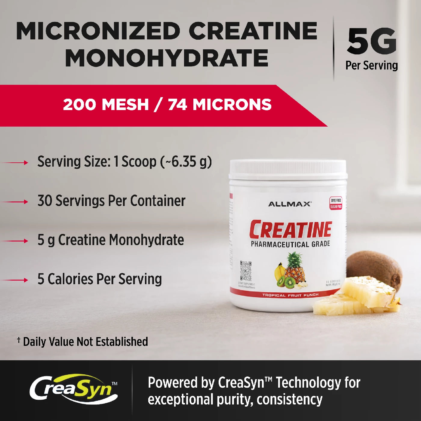 Allmax Creatine supplement container with product details on a neutral background