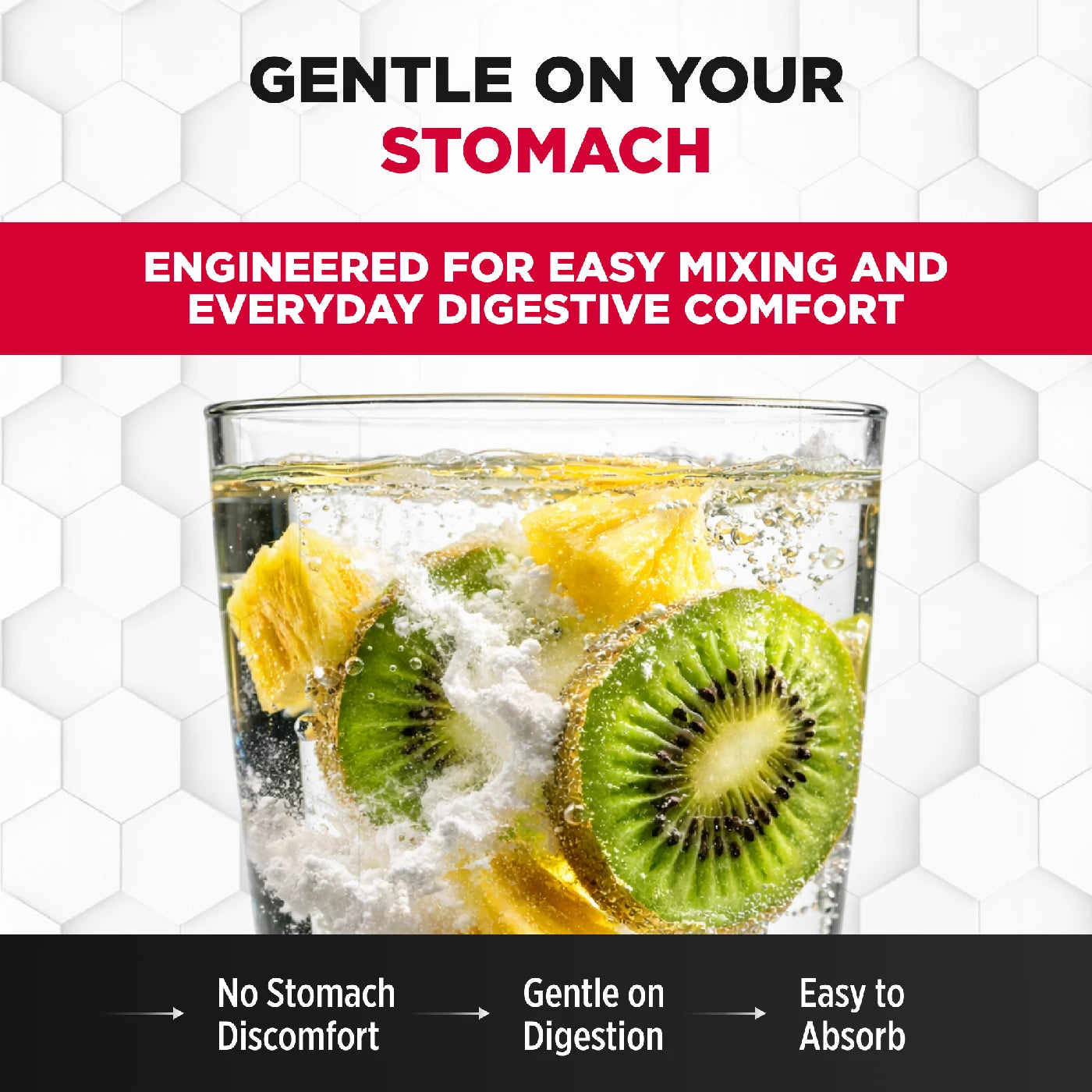 Glass of fruit-infused water with text about digestive comfort and ease of use.