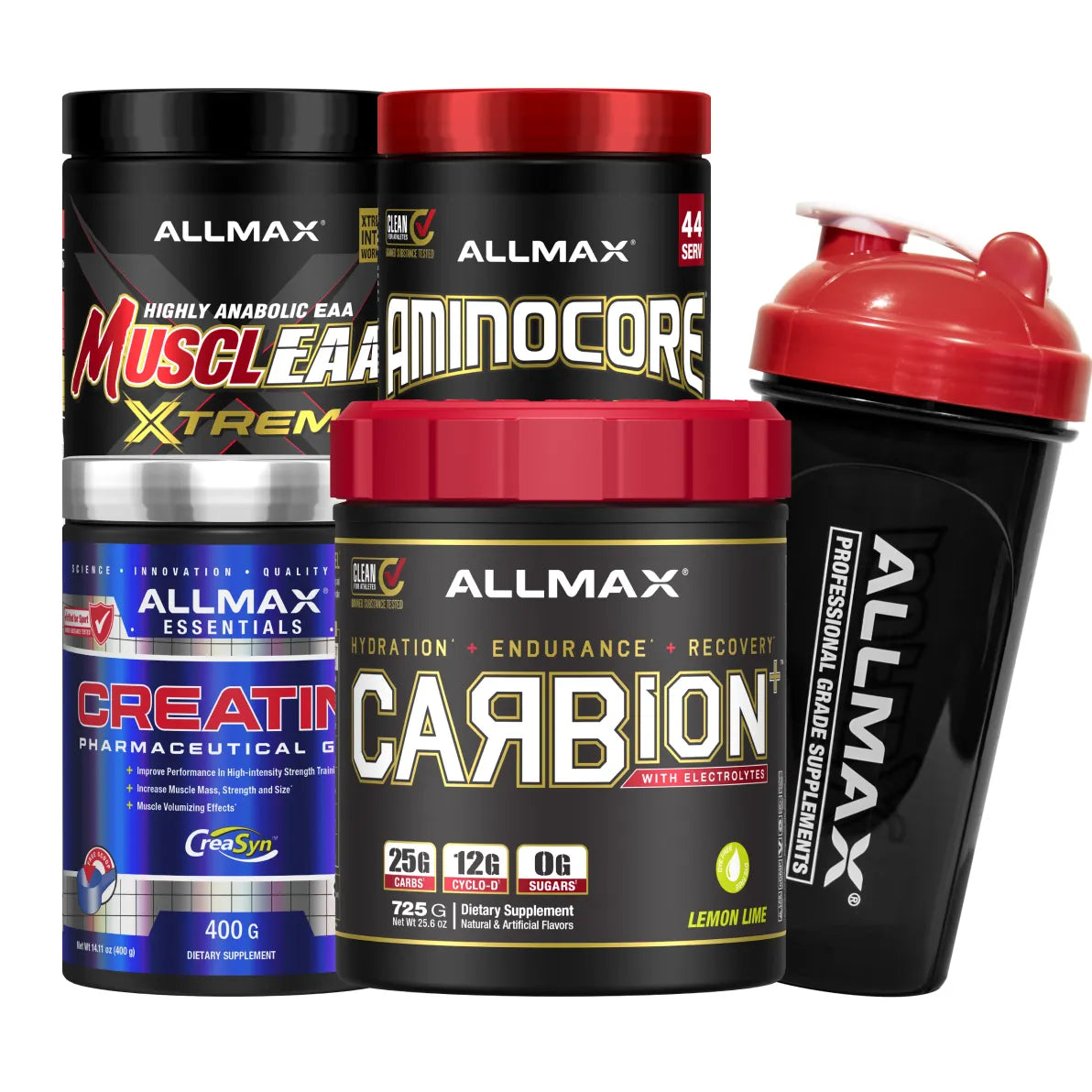 A group of Allmax branded fitness supplements and a shaker bottle on a plain white background. The products include a black tub of MuscleAim Xtrem, a black canister of AminoCore, a black tub of Creatine, a black tub of Carbion, and a black shaker bottle with a red lid.
