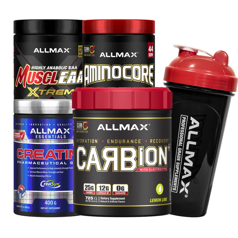 A group of Allmax branded fitness supplements and a shaker bottle on a plain white background. The products include a black tub of MuscleAim Xtrem, a black canister of AminoCore, a black tub of Creatine, a black tub of Carbion, and a black shaker bottle with a red lid.