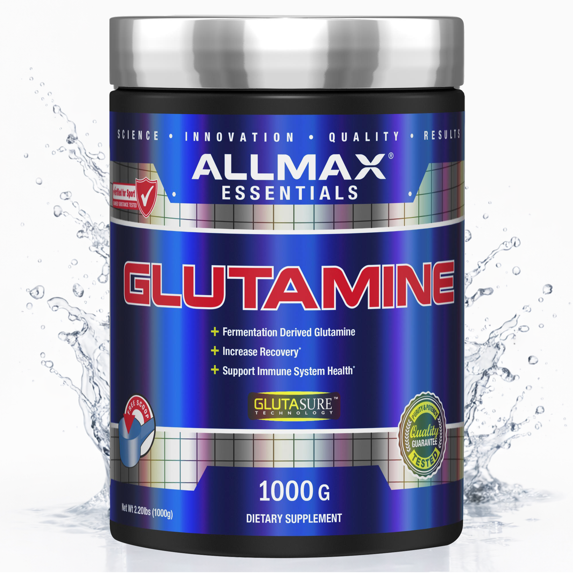 Allmax Essentials Glutamine supplement container with water splash background