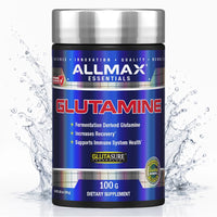 Allmax Essentials Glutamine supplement container with water splash background
