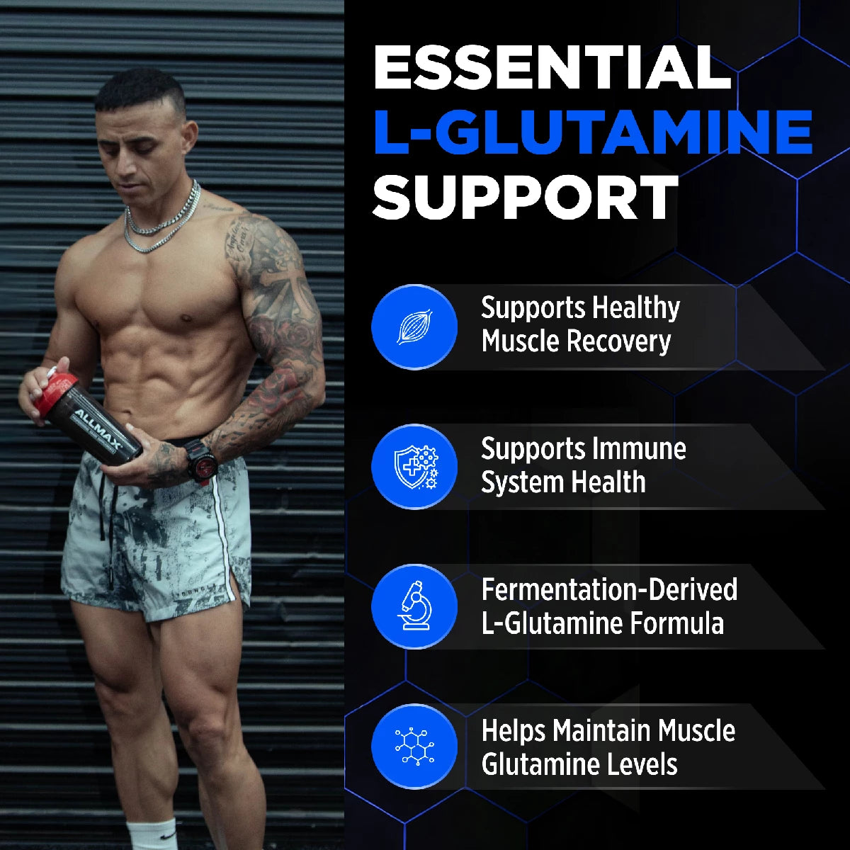 Man holding a supplement bottle with L-Glutamine support text and benefits on a dark background
