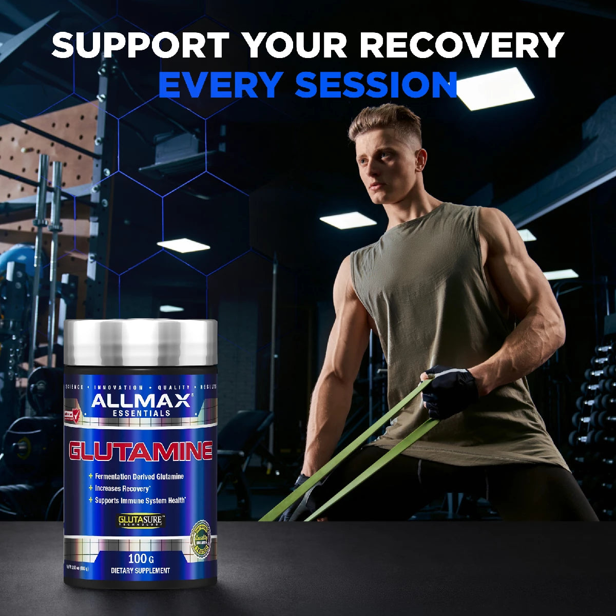 Allmax Essentials Glutamine supplement with a man holding resistance bands in a gym setting.