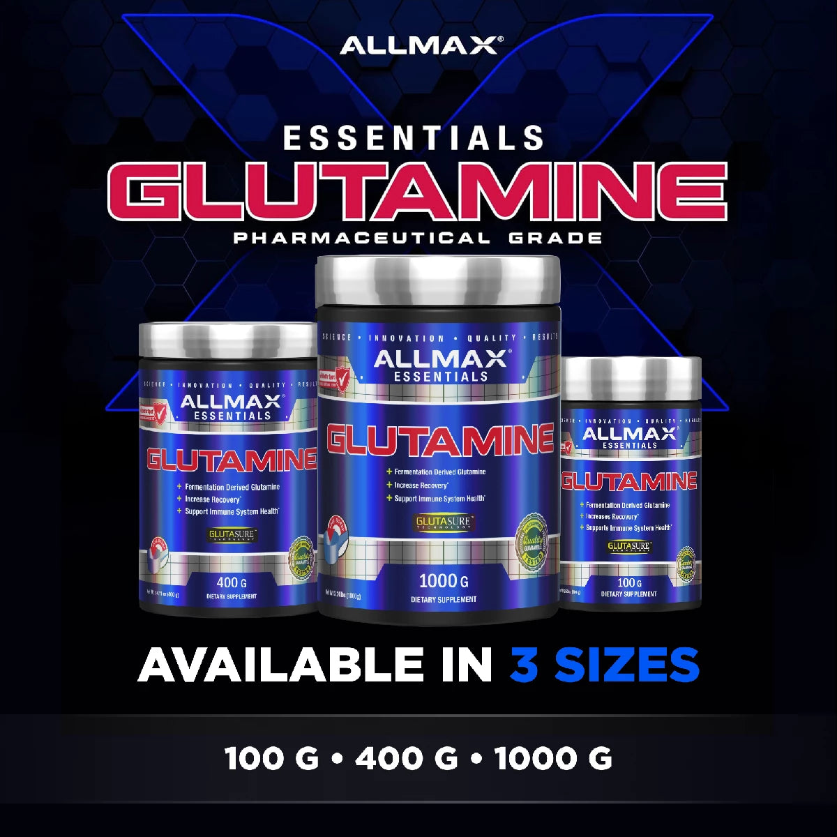 Allmax Essentials Glutamine supplement containers with branding and size information on a dark background