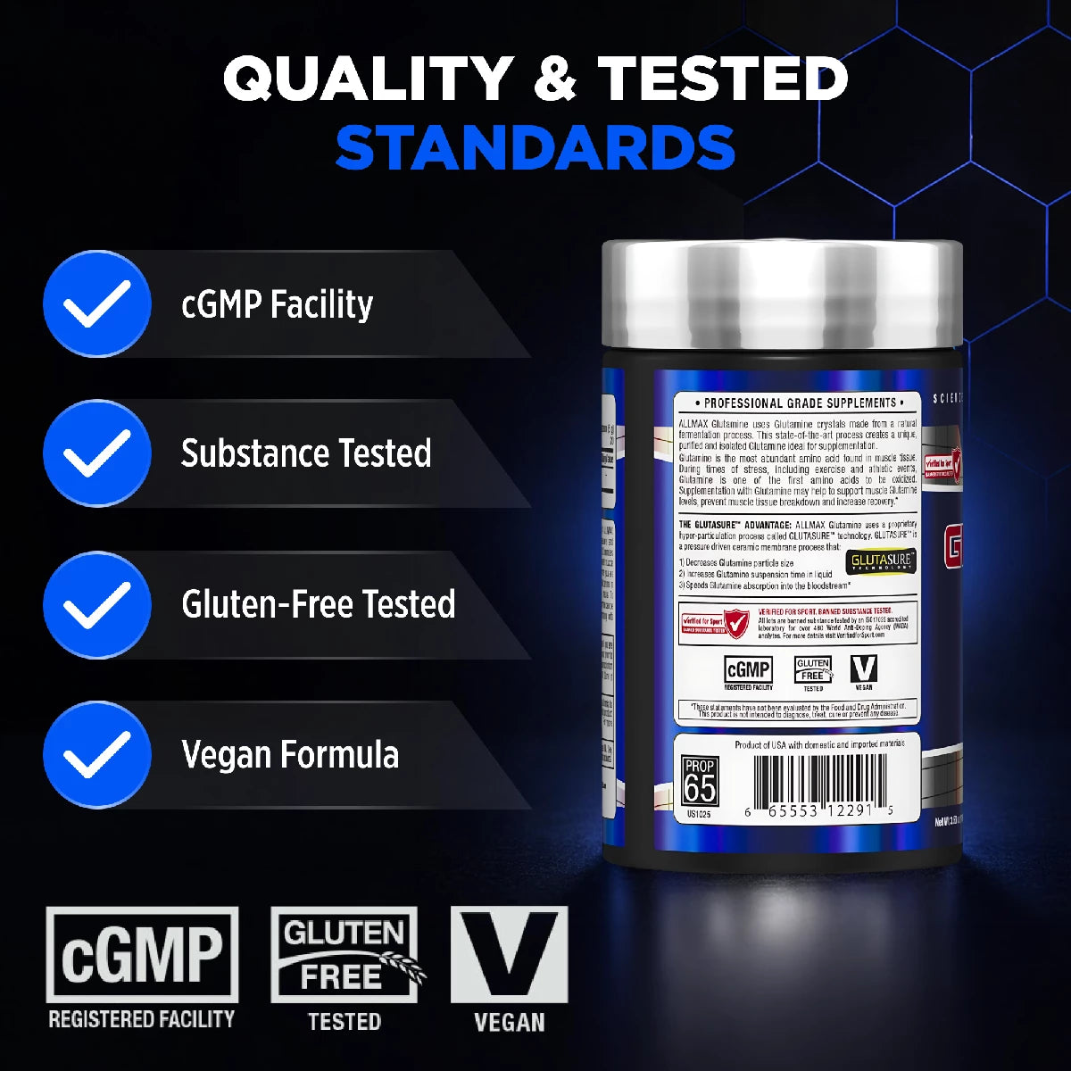 Supplement container with quality and testing standards on a dark background