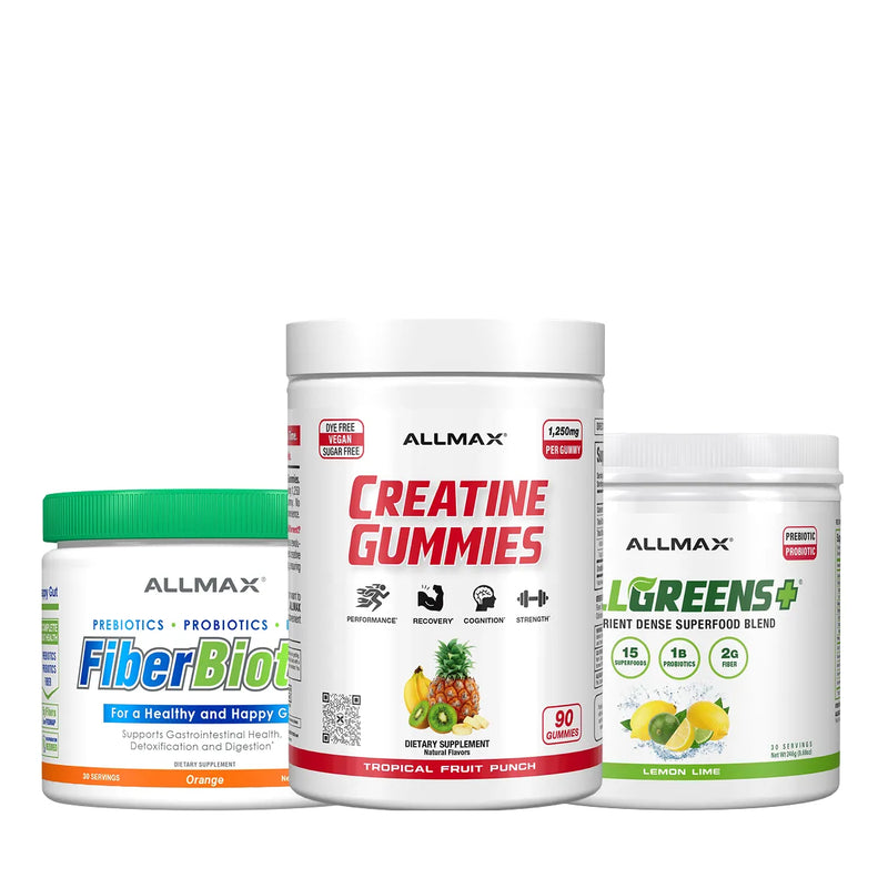 Three white Allmax dietary supplement containers on a white background: a green-capped FiberBiot supplement jar on the left, a large white Creatine Gummies tub in the center, and a green-capped Greens+ super blend jar on the right.
