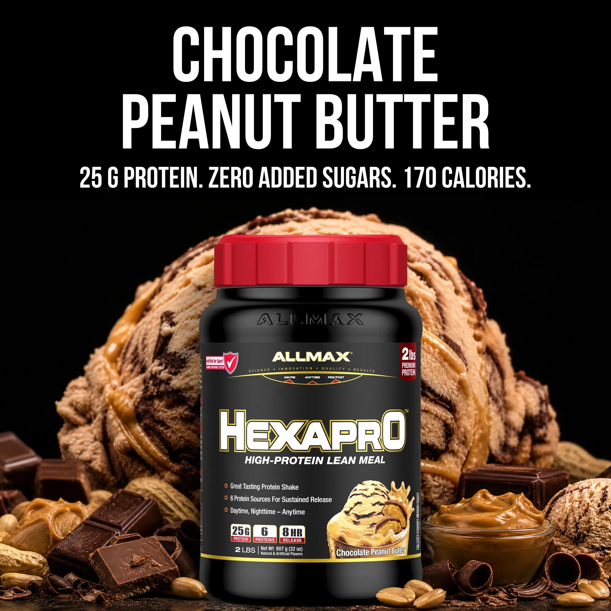A jar of Allmax Hexapro chocolate peanut butter protein powder is shown in a styled product shot with chocolate chunks, peanuts, and a bowl of chocolate peanut butter around it, set against a dark background with promotional text.