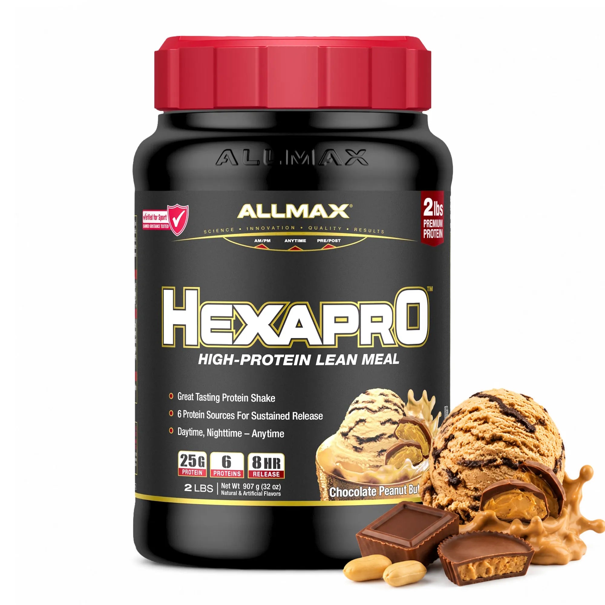 A tub of Allmax Hexapro High-Protein Lean Meal powder in Chocolate Peanut Butter flavor, shown with ice cream, peanuts, and chocolate pieces on a white background.