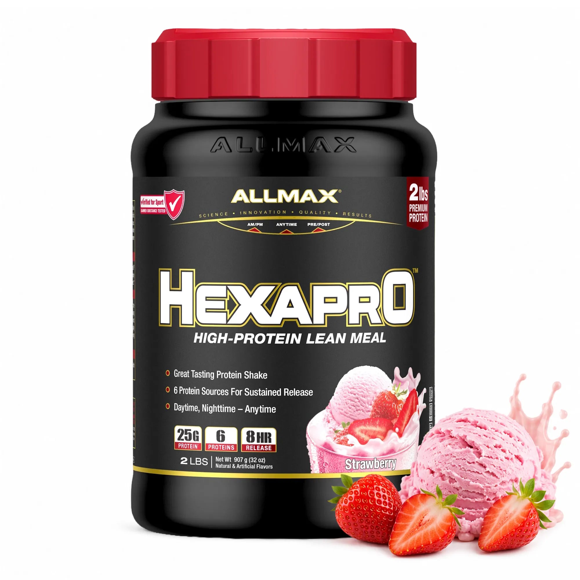 A 2 lb tub of Allmax Hexapro High-Protein Lean Meal protein powder in strawberry flavor, featuring a black container with a red lid and illustrations of strawberries and pink ice cream on the label.