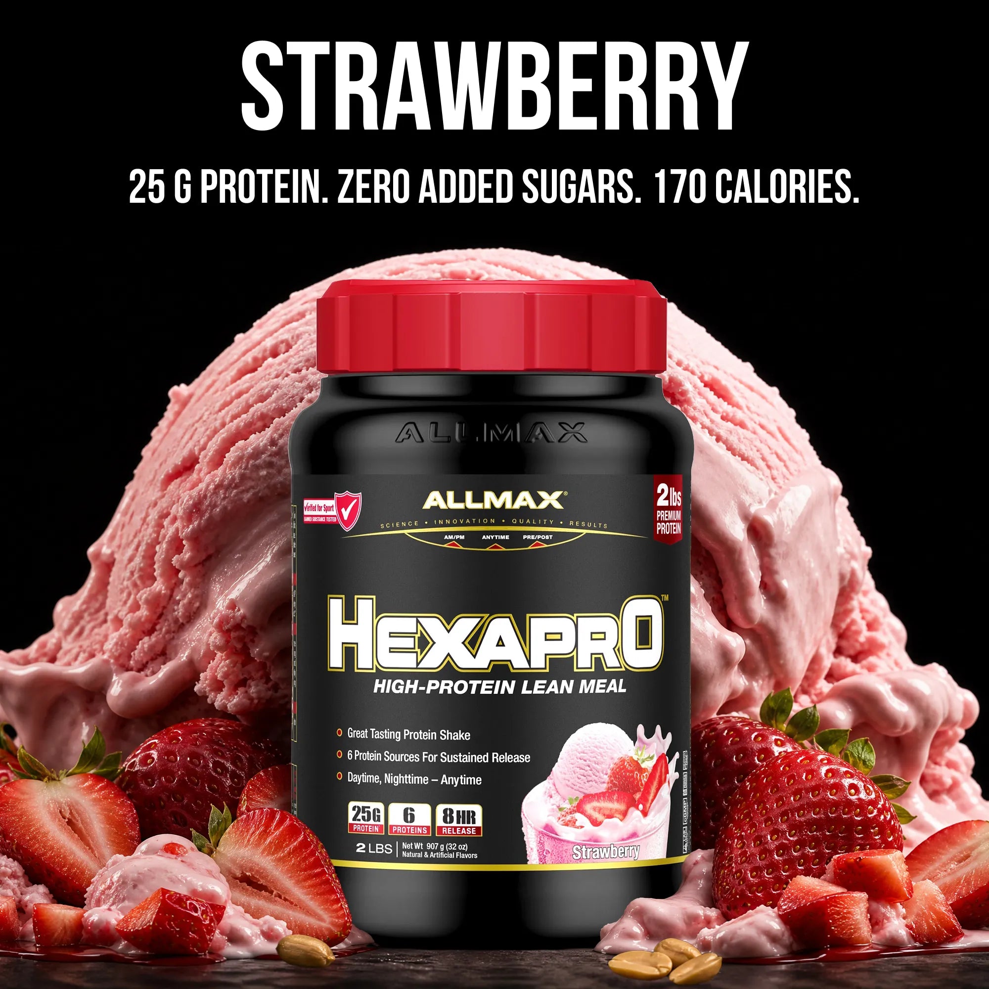 A tub of Allmax Hexapro High-Protein Lean Meal in Strawberry flavor, shown with a red lid and black label, set against a background of pink strawberry ice cream and fresh strawberries on a black background with promotional text.