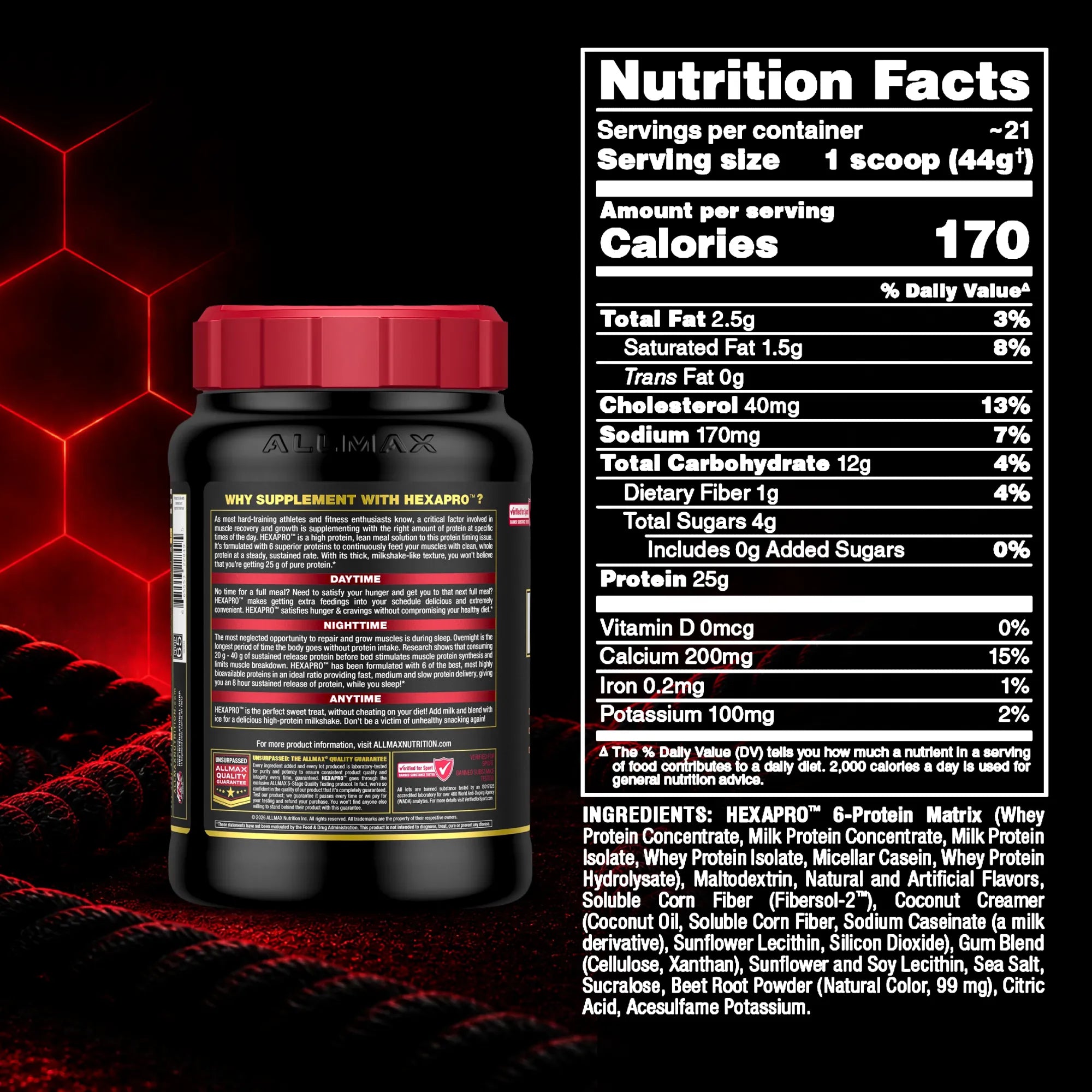 A black supplement bottle labeled Allmaxx Hexapro 6-Protein Matrix shown next to a large Nutrition Facts panel on a dark background with red glowing hexagon graphics.