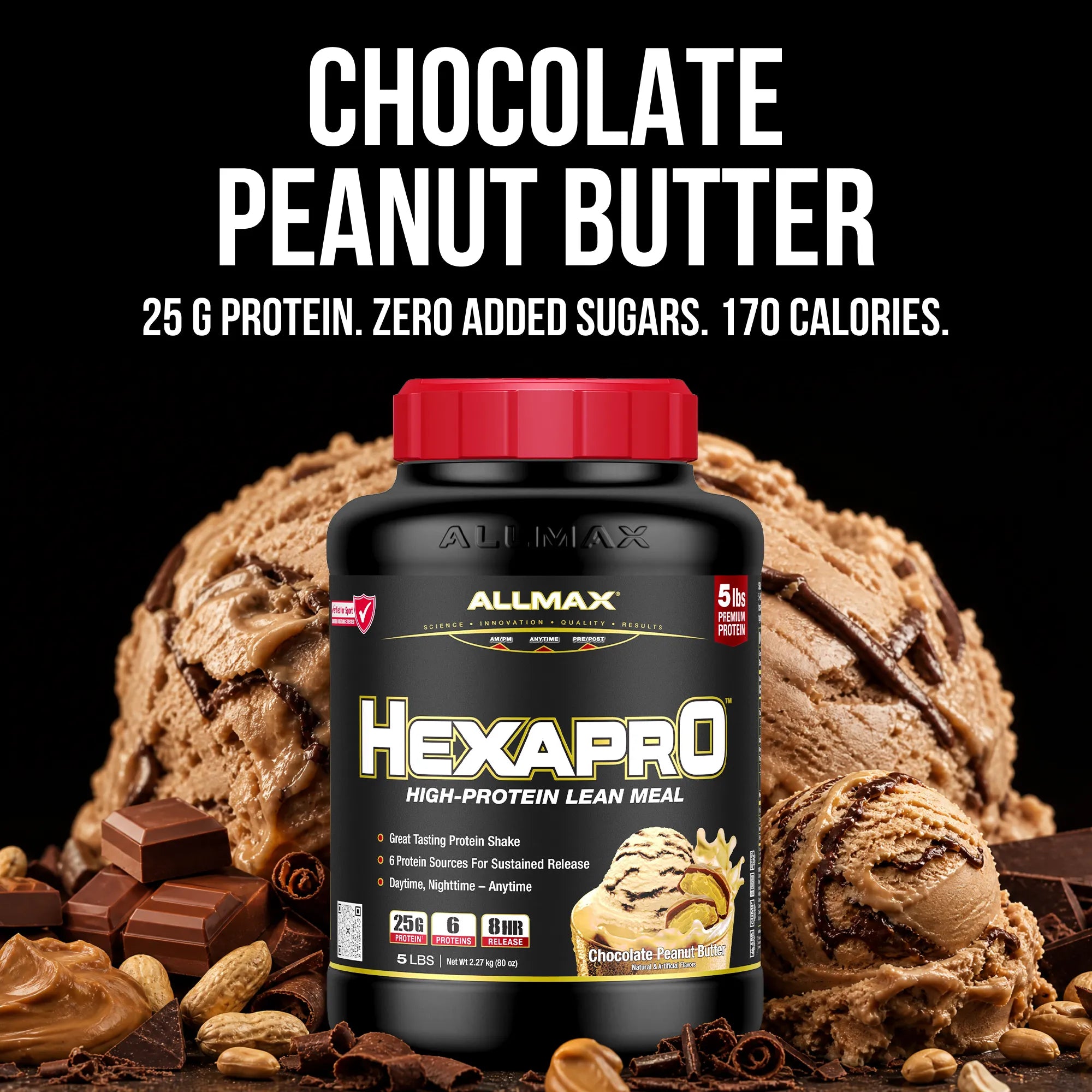 A tub of Allmax Hexapro High-Protein Lean Meal in Chocolate Peanut Butter flavor, displayed with chocolate ice cream, peanuts, and chocolate pieces on a black background with promotional text.