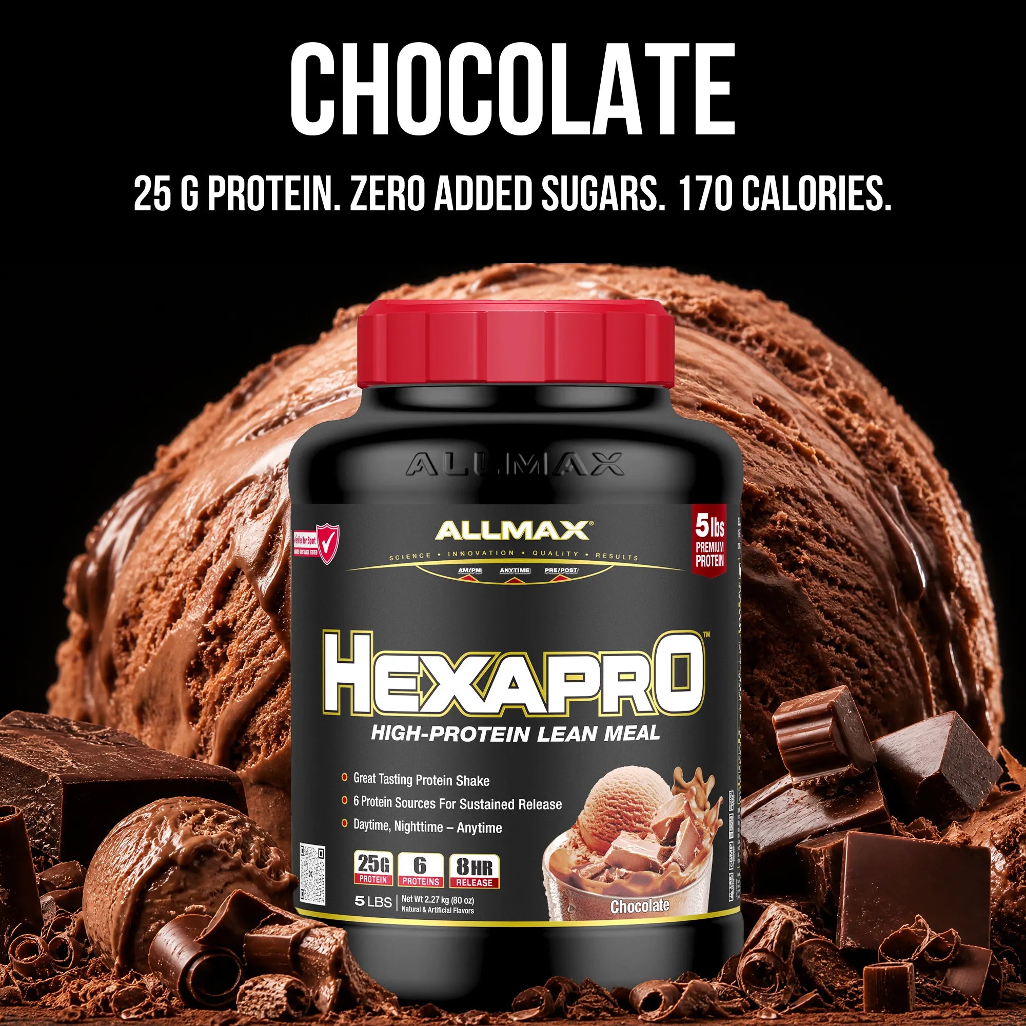 A tub of Allmax Hexapro High-Protein Lean Meal protein powder in Chocolate flavor, shown with chocolate ice cream, chocolate chunks, and text highlighting 25g protein, zero added sugars, and 170 calories on a black background.