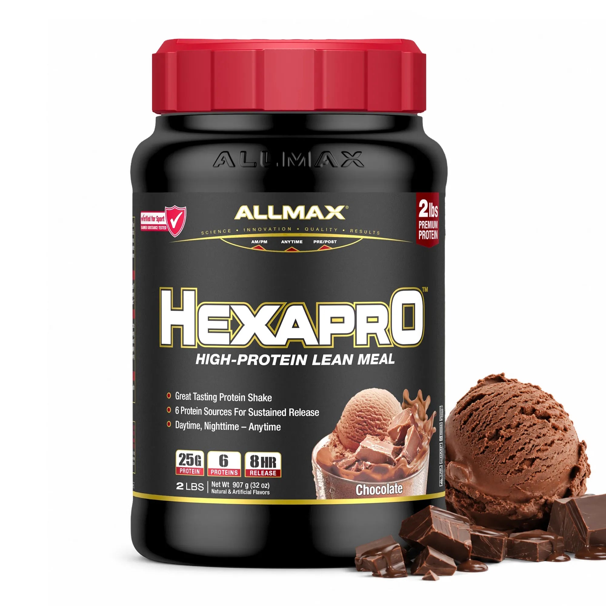 A tub of Allmax Hexapro High-Protein Lean Meal in chocolate flavor, shown with a red lid and a scoop of chocolate ice cream with chocolate chunks on a white background.