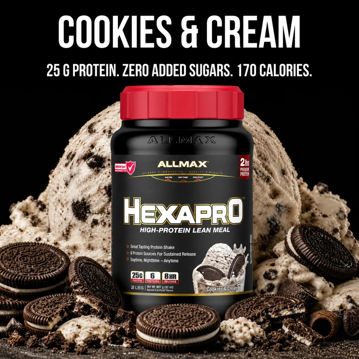 A jar of Allmax Hexapro high-protein lean meal in Cookies & Cream flavor, surrounded by ice cream scoops and Oreo cookies on a black background with promotional text.