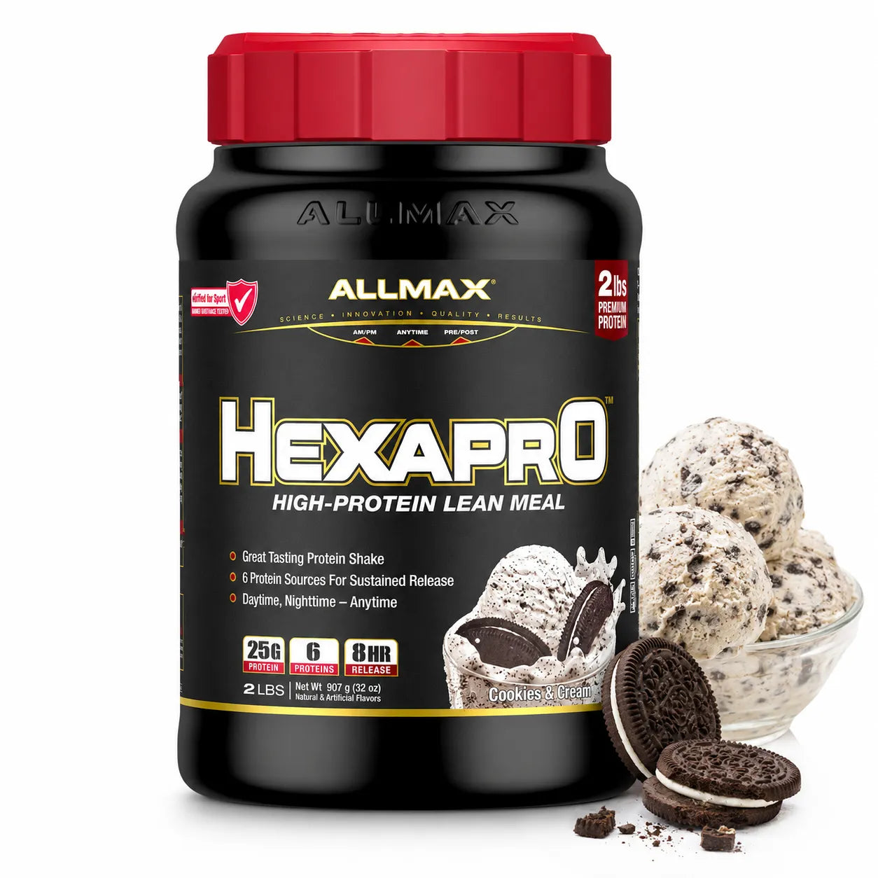 A black tub of Allmax Hexapro High-Protein Lean Meal protein powder with a red lid, shown on a white background with cookies and ice cream scoops to represent the chocolate cookie flavor.