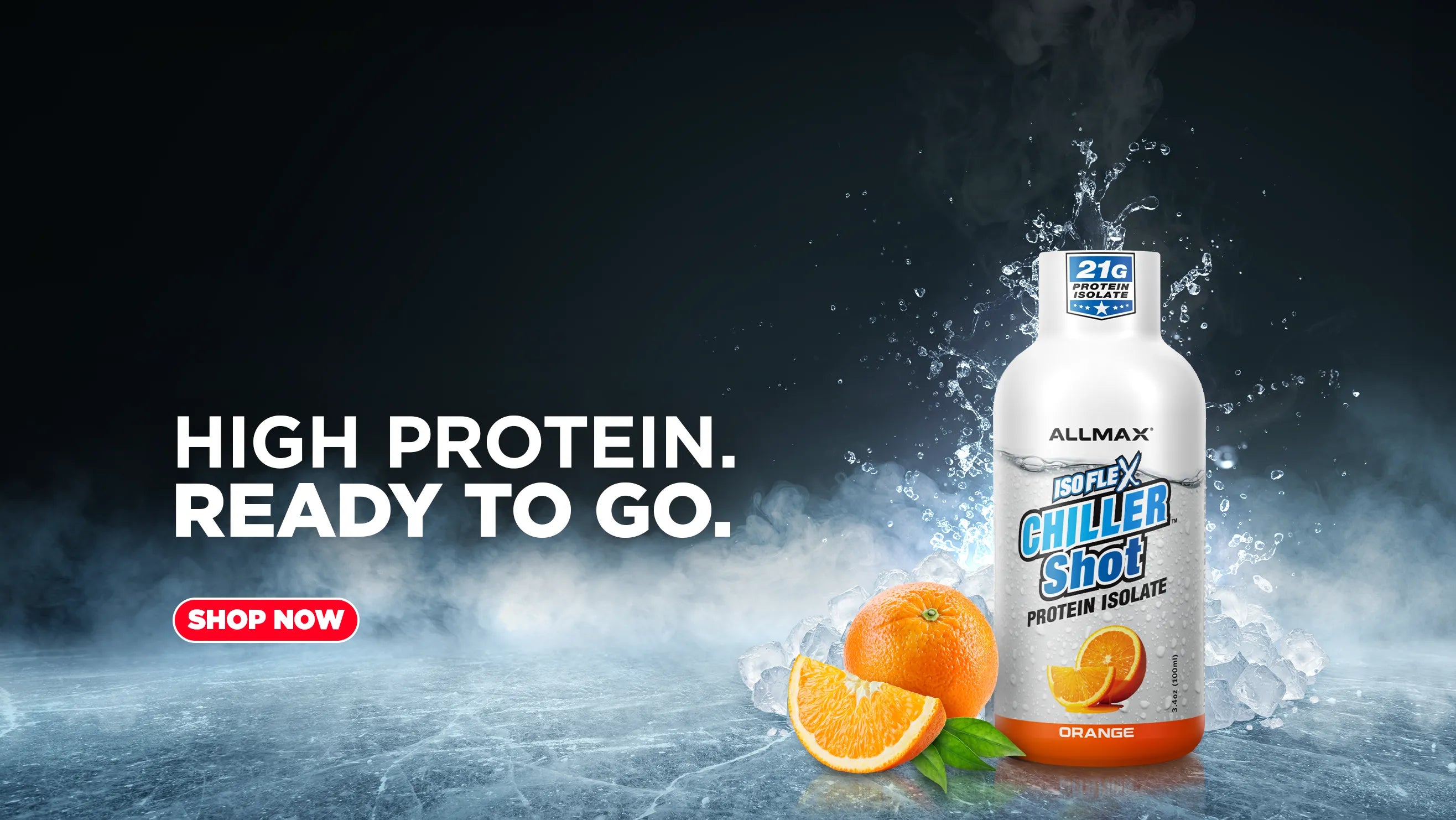 A bottle of Allmax Guiller Shot Protein Isolate in orange flavor, shown on a dark, icy background with water splashes and sliced oranges. Text on the left reads 'HIGH PROTEIN.