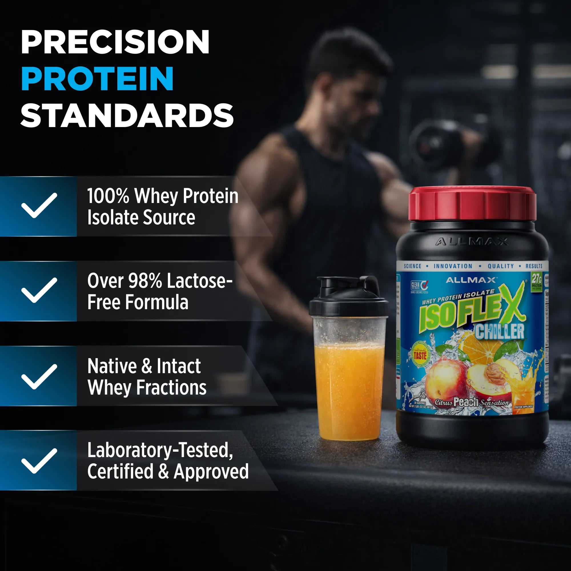 Allmax ISOFLEX Chiller protein supplement with a shaker cup and a person in the background.