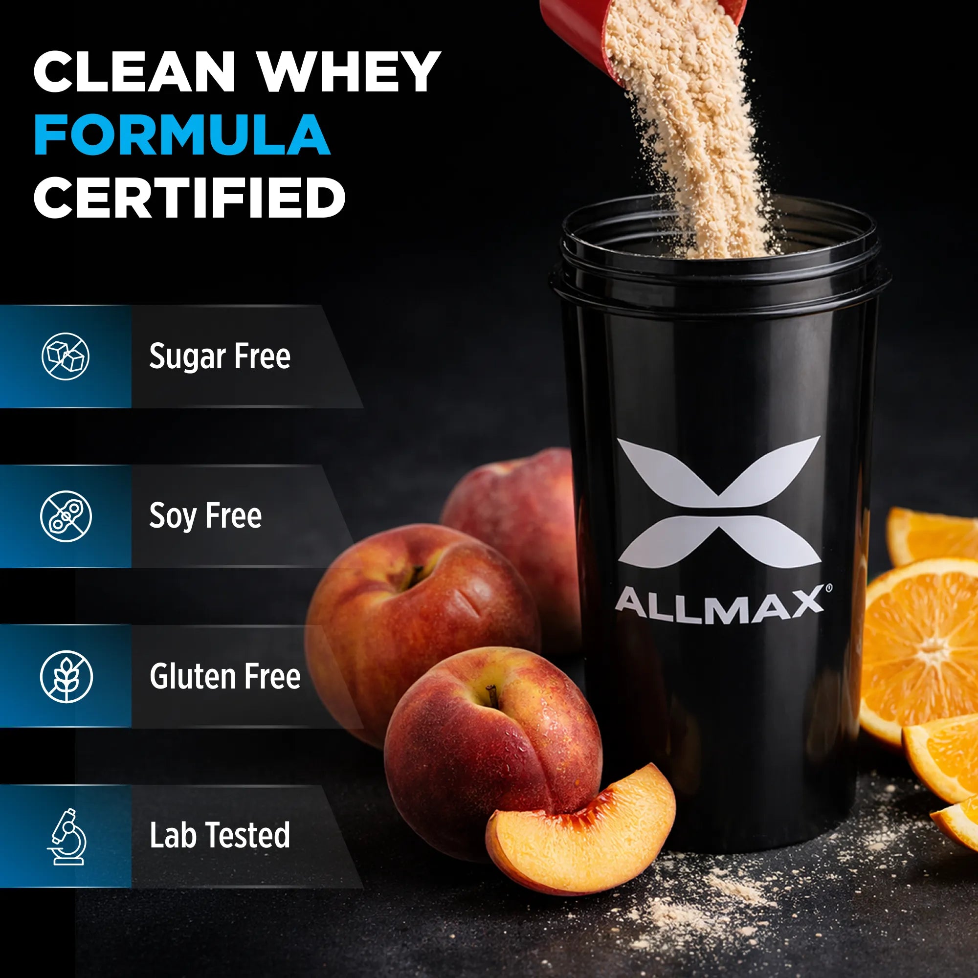 Allmax whey protein powder being poured into a container with fruits on a dark background