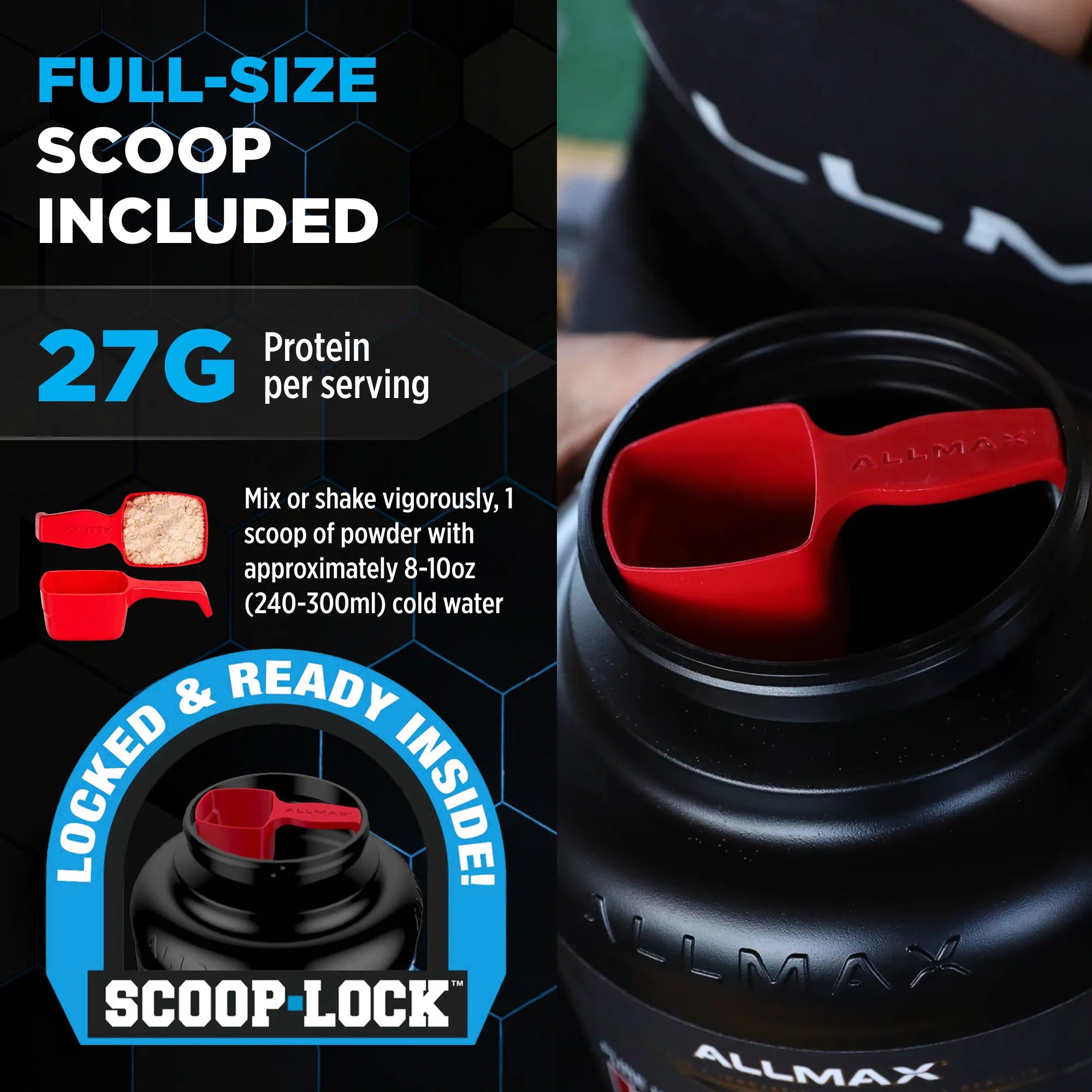 Black protein shaker bottle with red scoop and Allmax branding, featuring text about protein content and scoop lock feature.