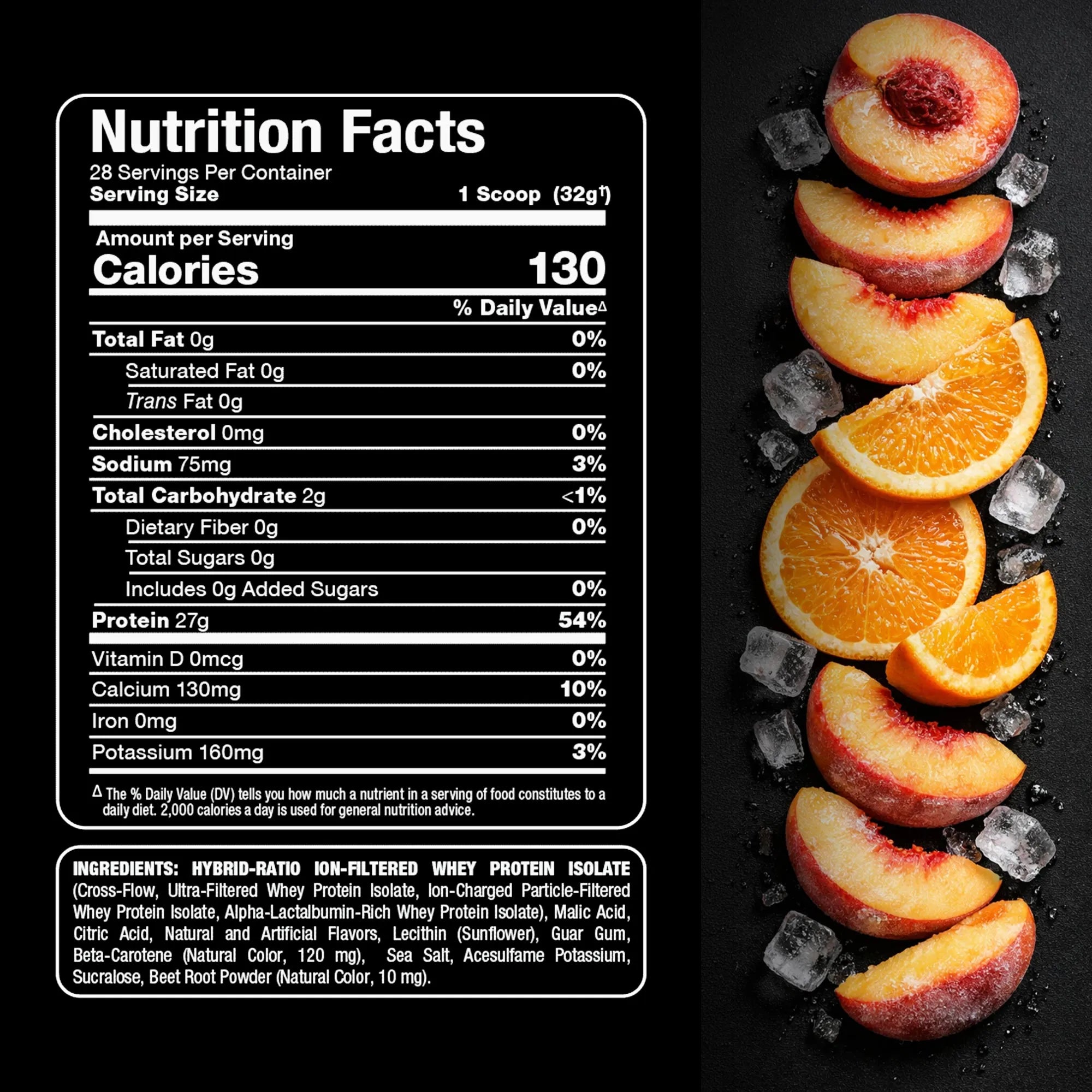 A nutrition facts label for a whey protein isolate product shown on a black background next to sliced peaches and oranges with ice cubes. The label includes serving size, calories, mac and micronutrients, and ingredients text.