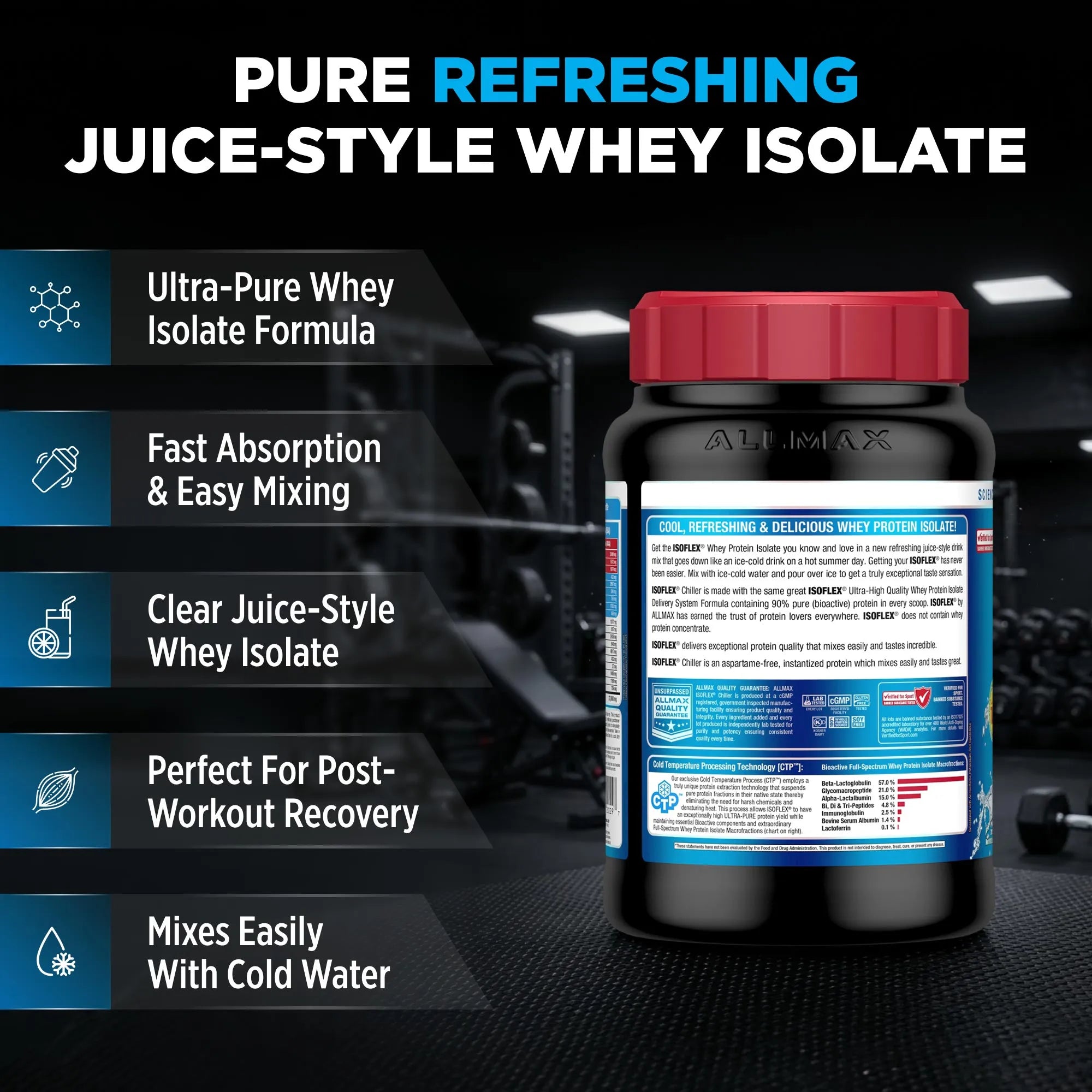 A bottle of ALI MAXX Pure Refreshing Juice-Style Whey Isolate protein powder shown on a dark gym background with feature callout text on the left.