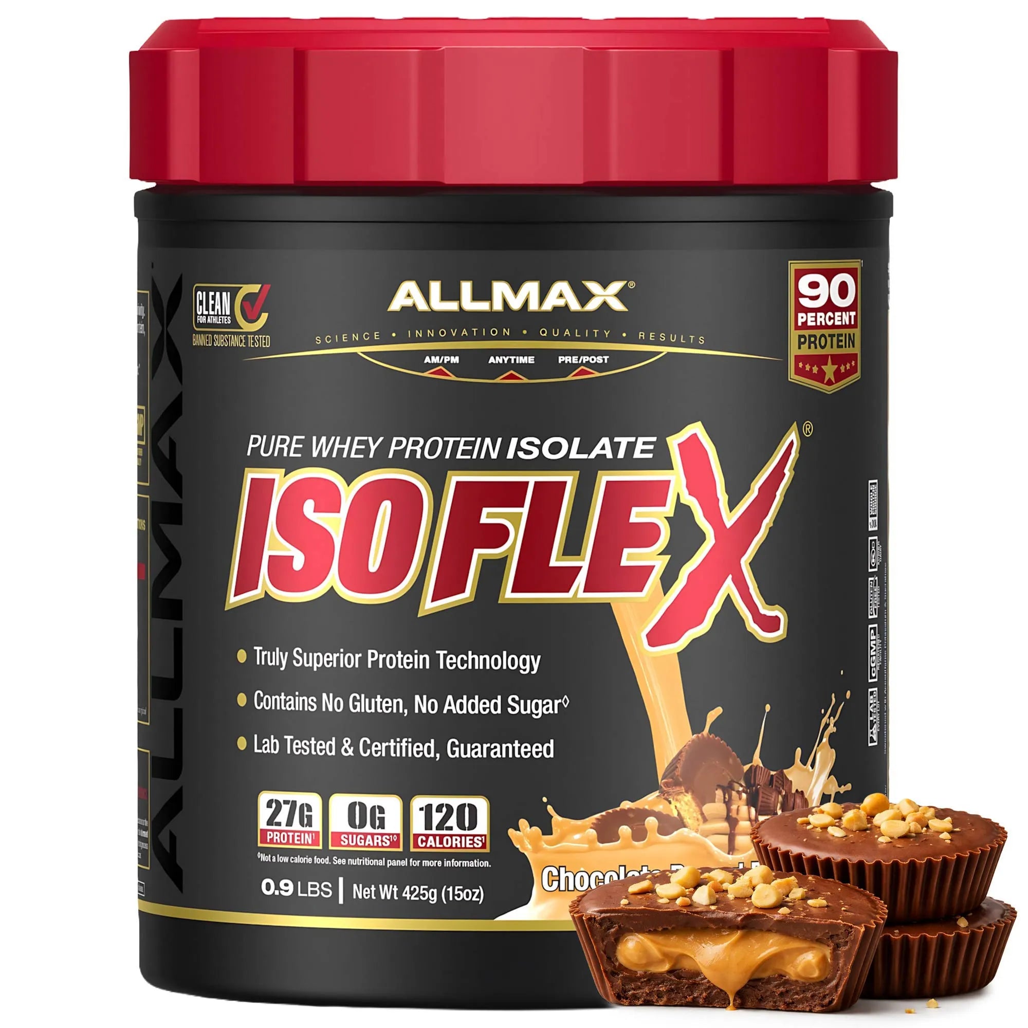 A tub of AllMax IsoFlex Pure Whey Protein Isolate in Chocolate flavor, featuring a black container with a red lid and a graphic of chocolate protein cups in the foreground.