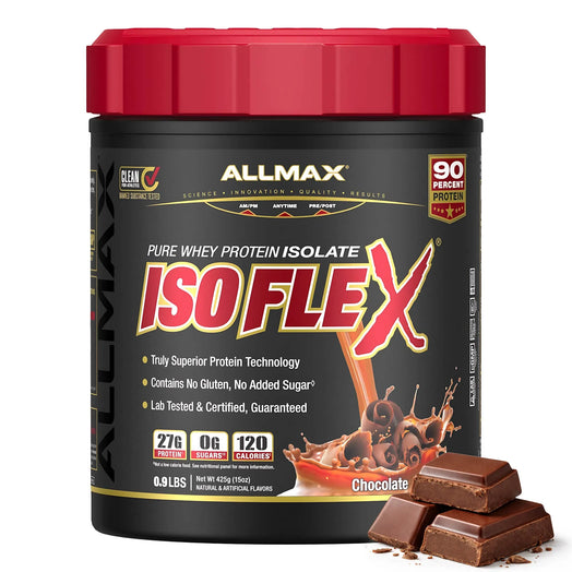 A tub of Allmax ISOFlex Pure Whey Protein Isolate in Chocolate flavor, featuring a black container with a red lid and chocolate pieces in the foreground on a white background.